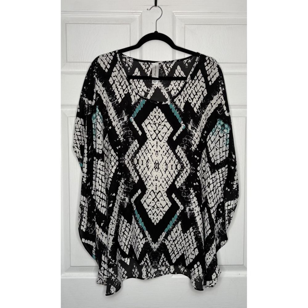 Pure Energy Womens 2X Black White Geometric Print Blouse Lagenlook Boho Western